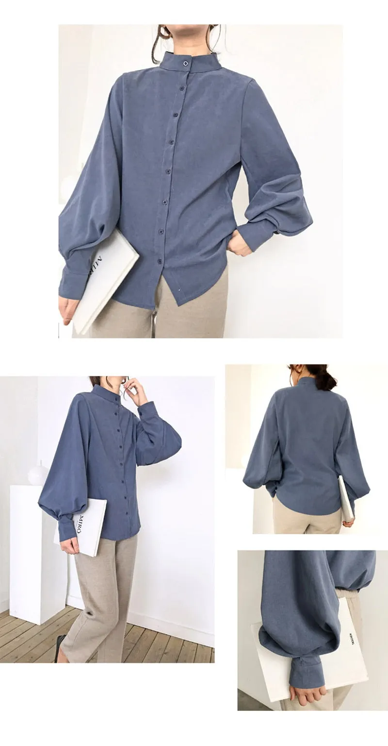 Vintage Lantern Sleeve Thicken Women Shirt Blouses