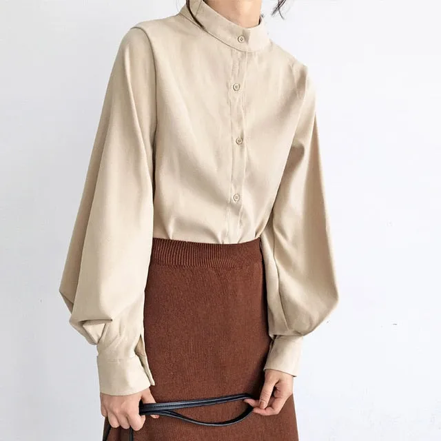 Vintage Lantern Sleeve Thicken Women Shirt Blouses