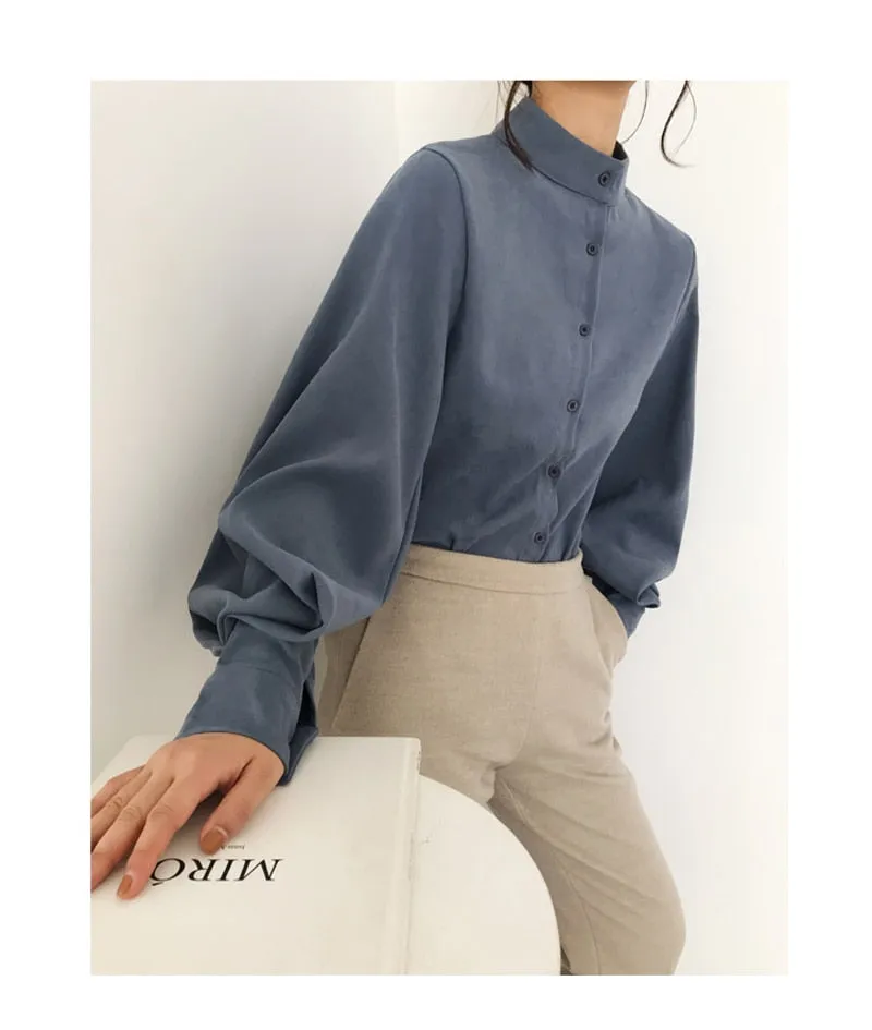 Vintage Lantern Sleeve Thicken Women Shirt Blouses