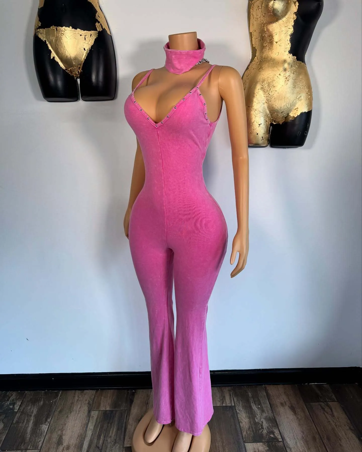 Washed V-neck denim jumpsuit with suspenders