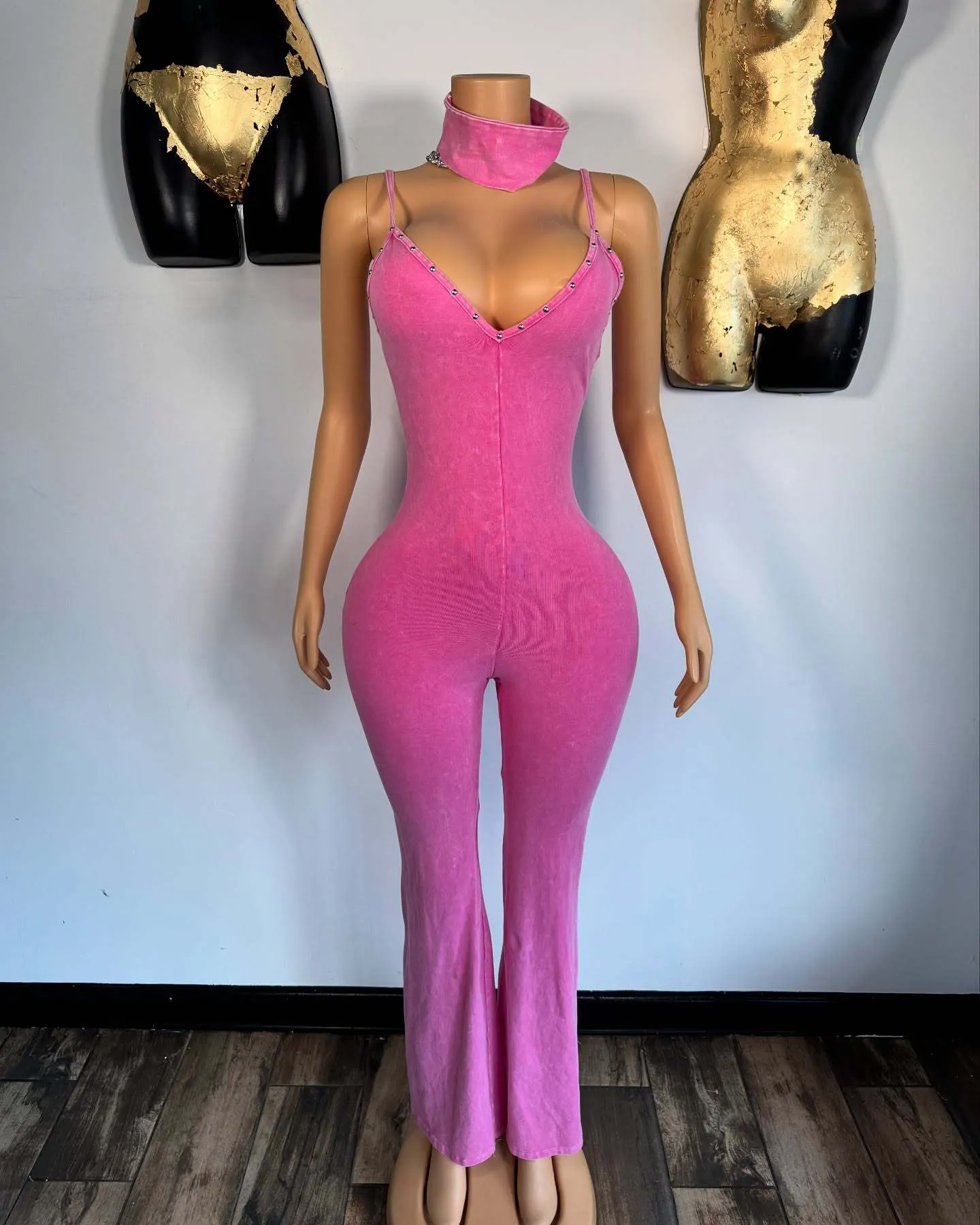 Washed V-neck denim jumpsuit with suspenders