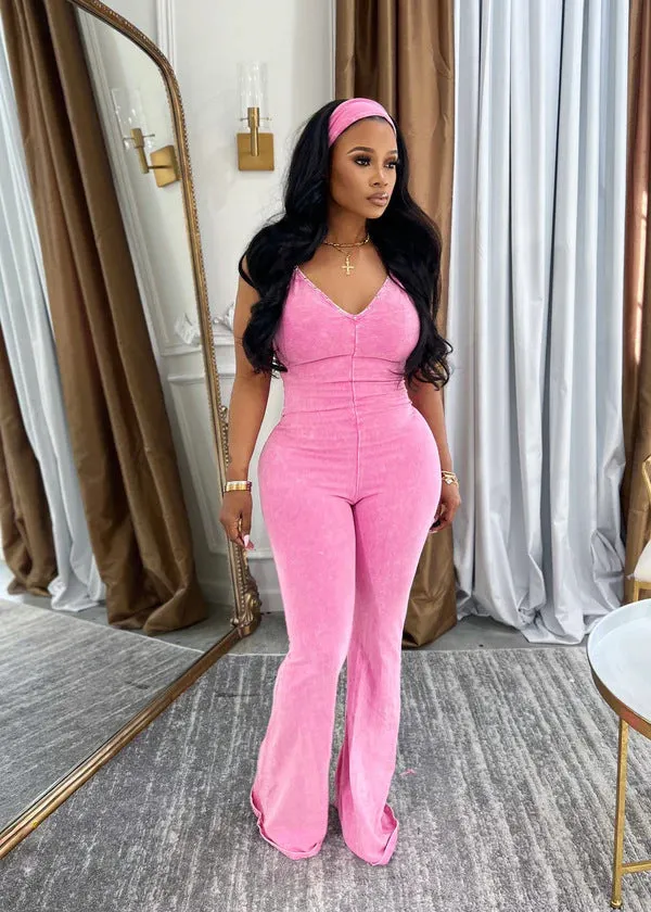 Washed V-neck denim jumpsuit with suspenders