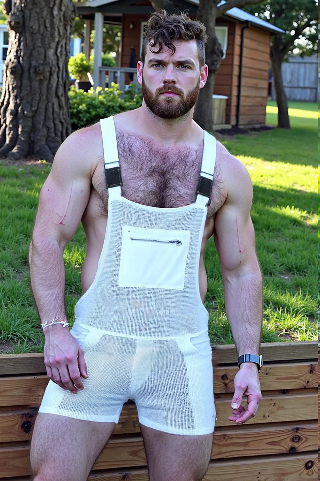 White Mesh Overall Shorts in Slim Fit