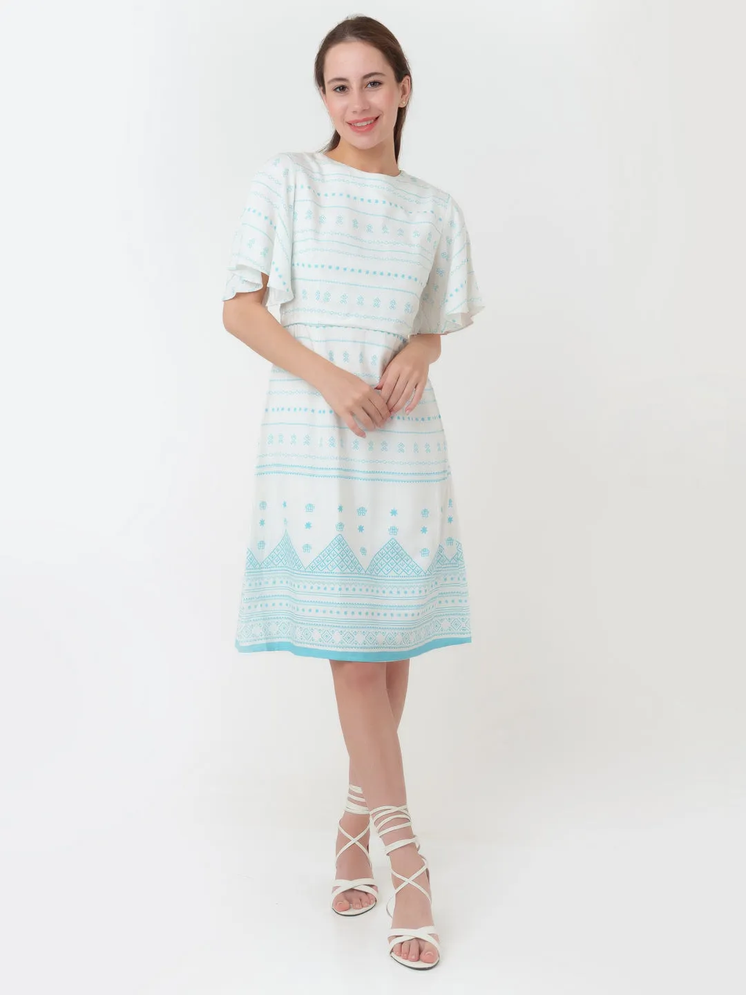 White Printed A-Line Short Dress