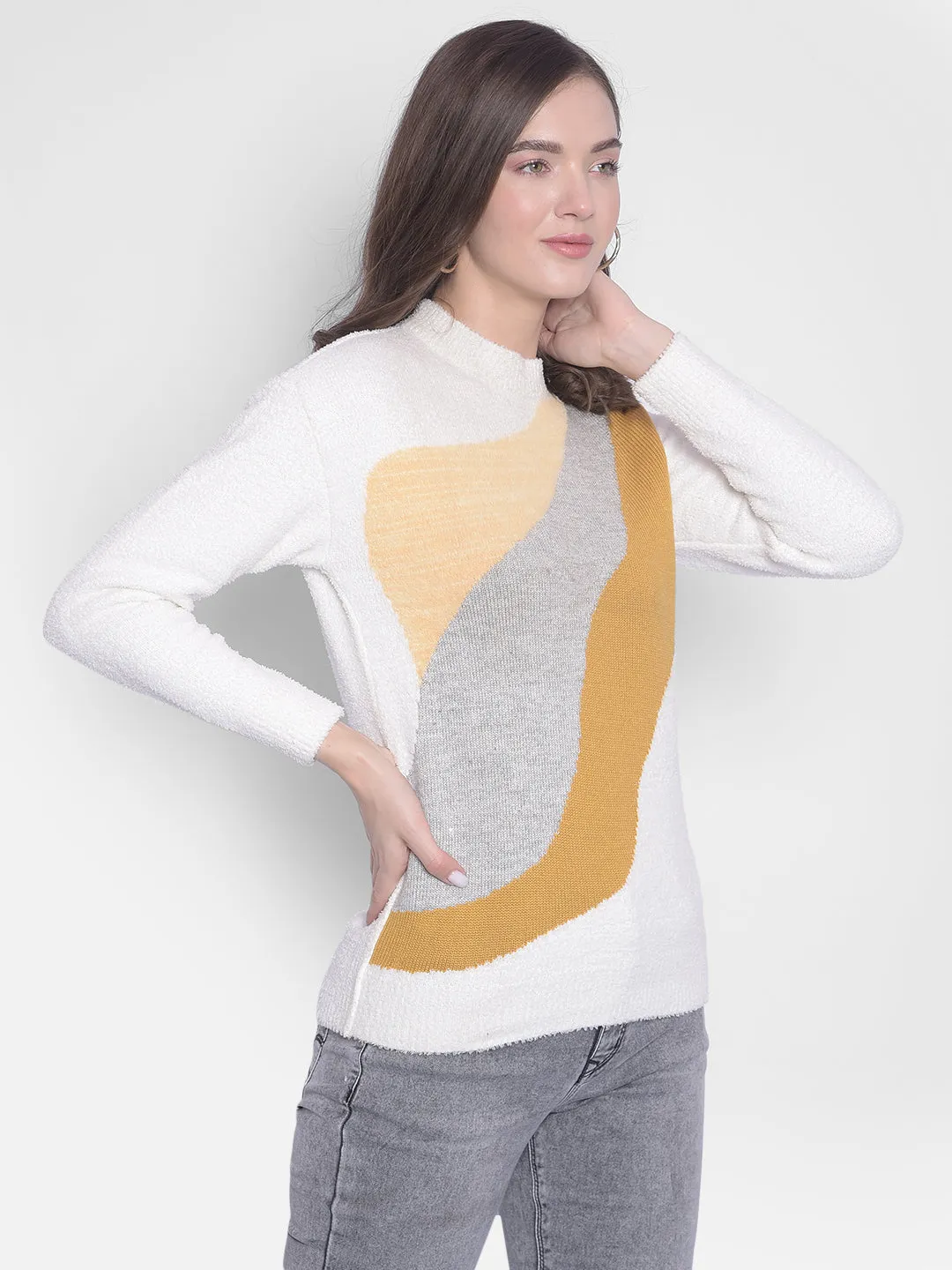 White Printed Round Neck Sweaters