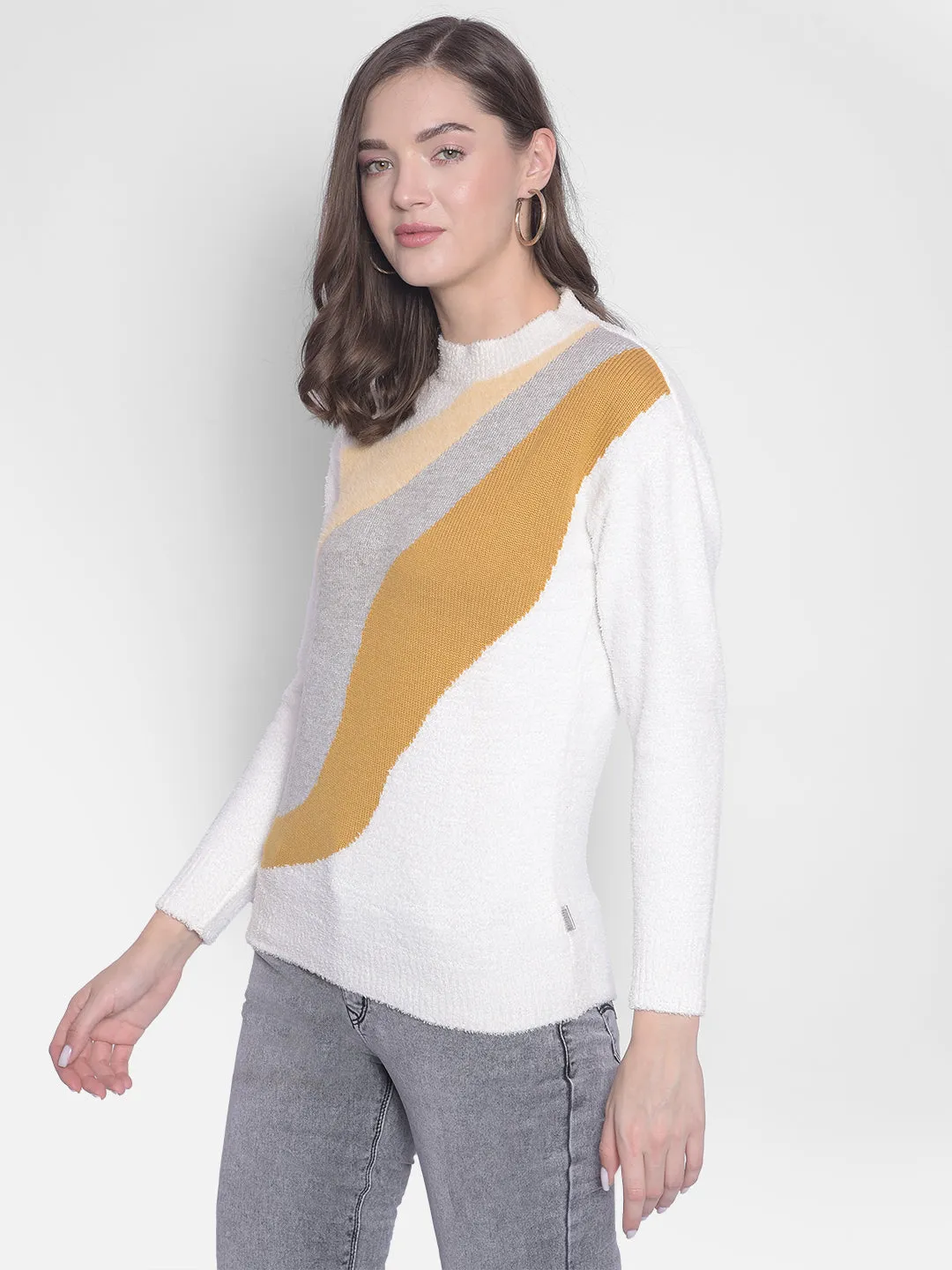 White Printed Round Neck Sweaters
