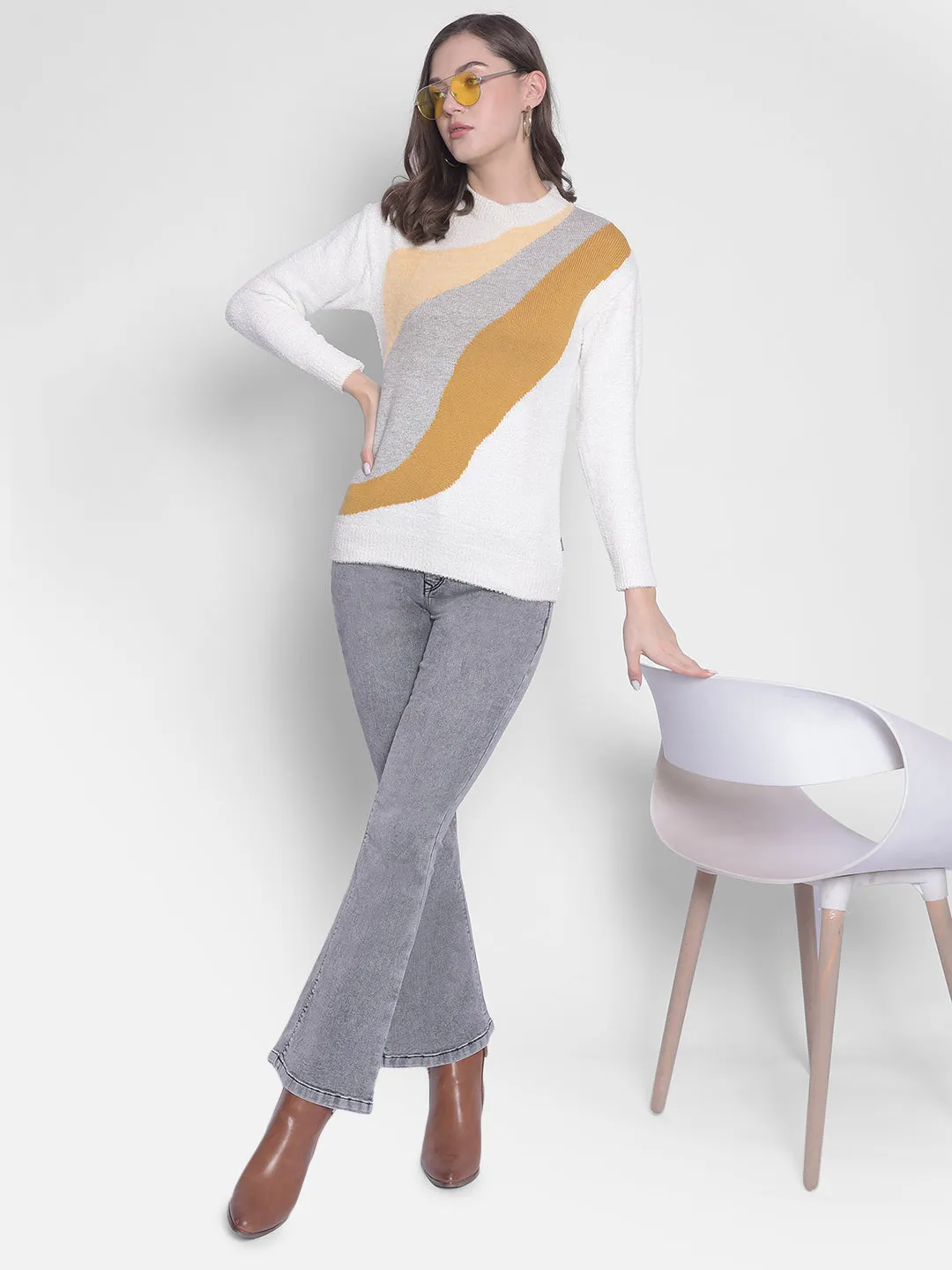 White Printed Round Neck Sweaters