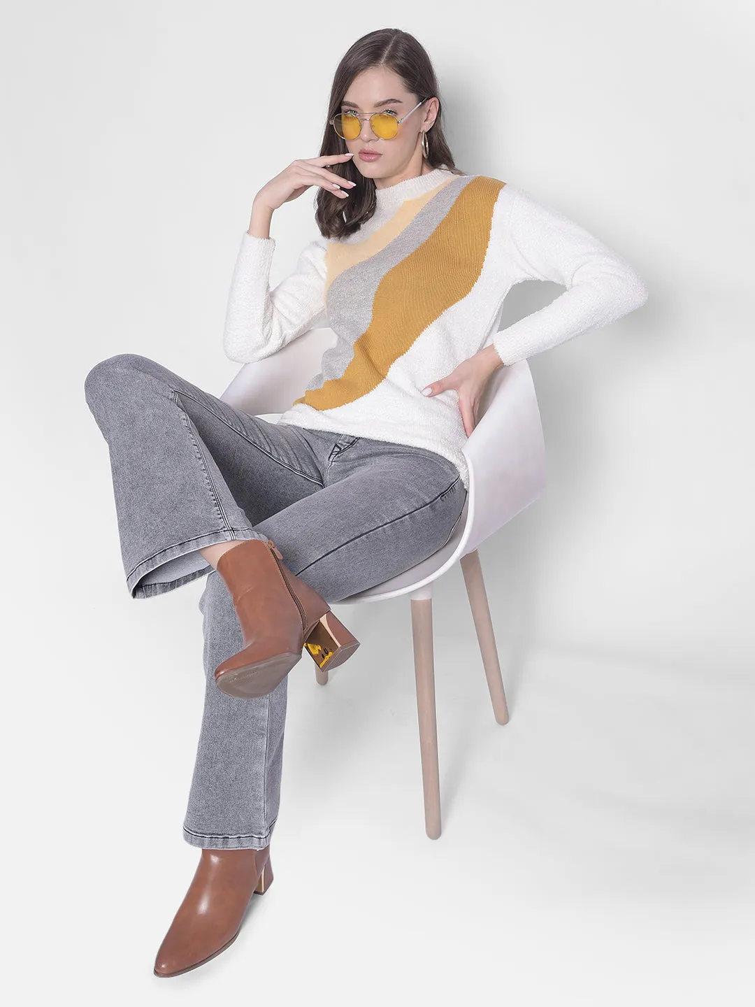 White Printed Round Neck Sweaters