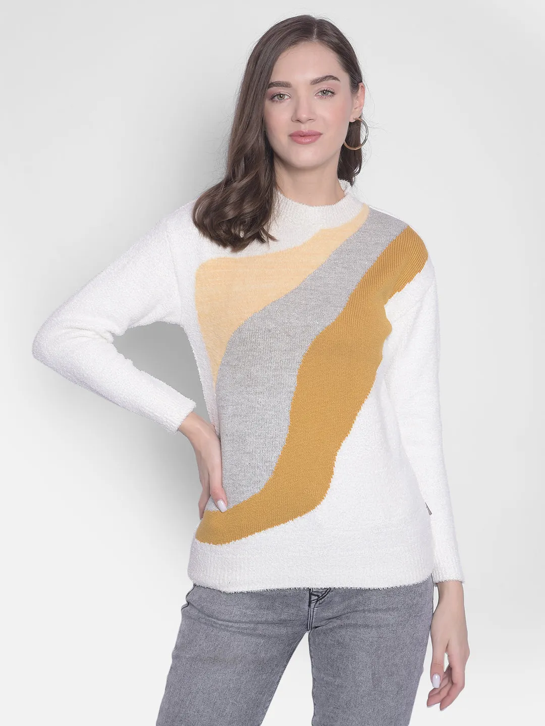 White Printed Round Neck Sweaters