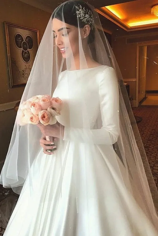 White Satin Modest Wedding Dresses with Long Sleeves