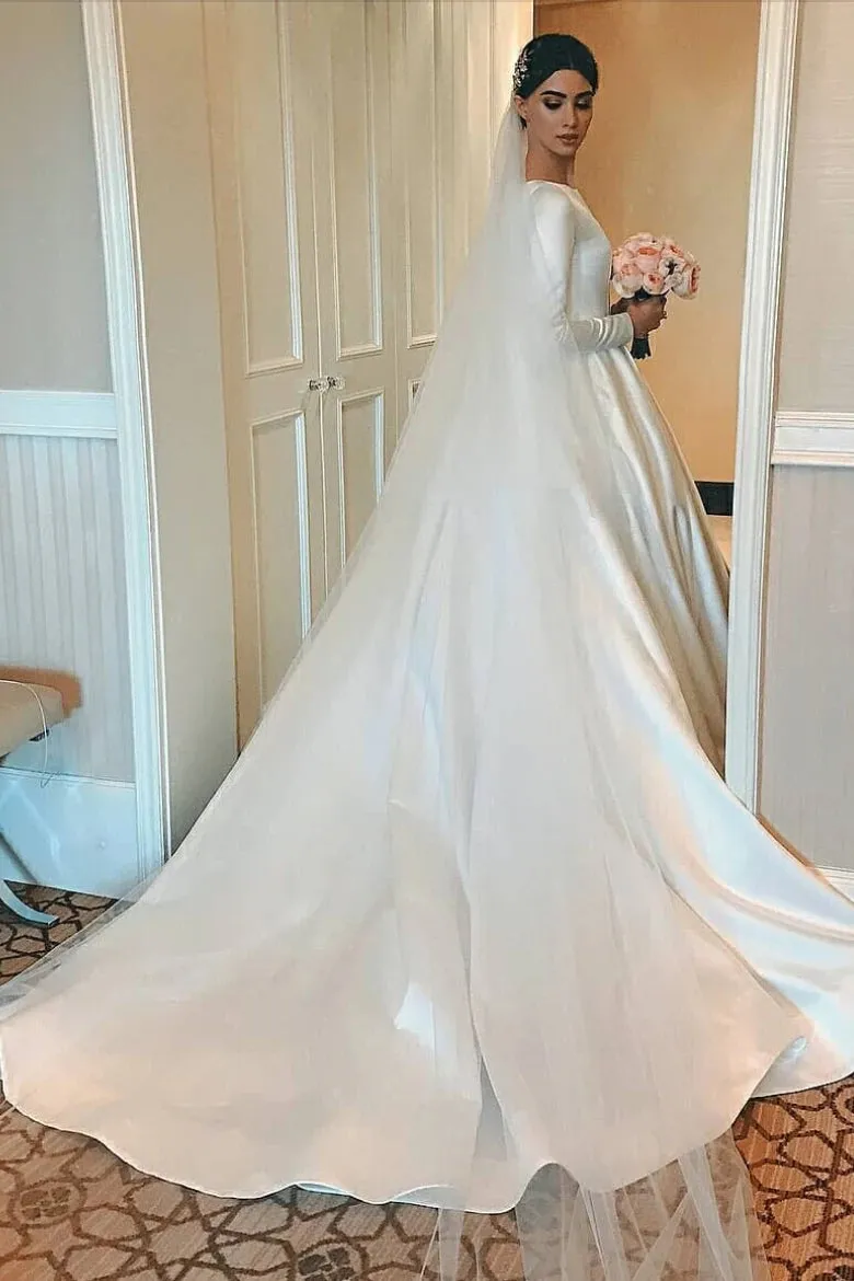 White Satin Modest Wedding Dresses with Long Sleeves