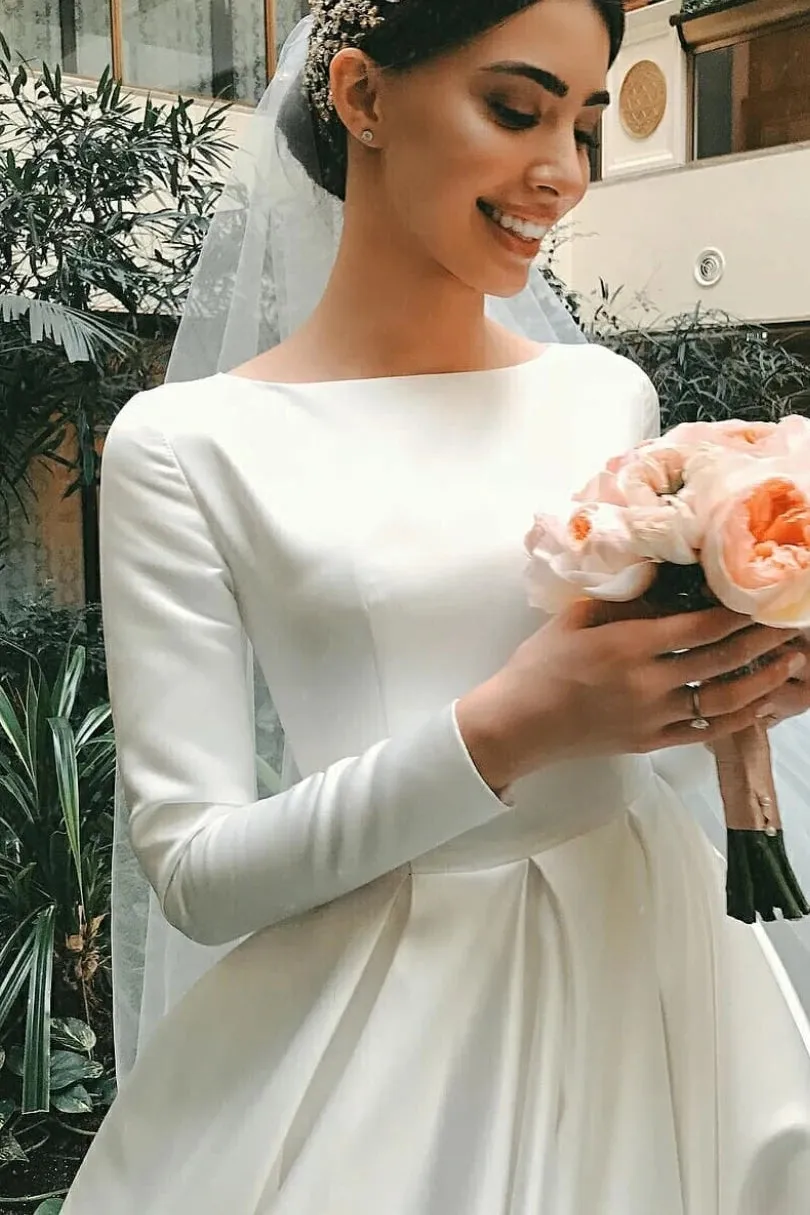 White Satin Modest Wedding Dresses with Long Sleeves