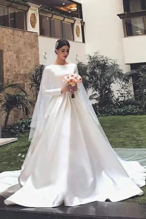 White Satin Modest Wedding Dresses with Long Sleeves