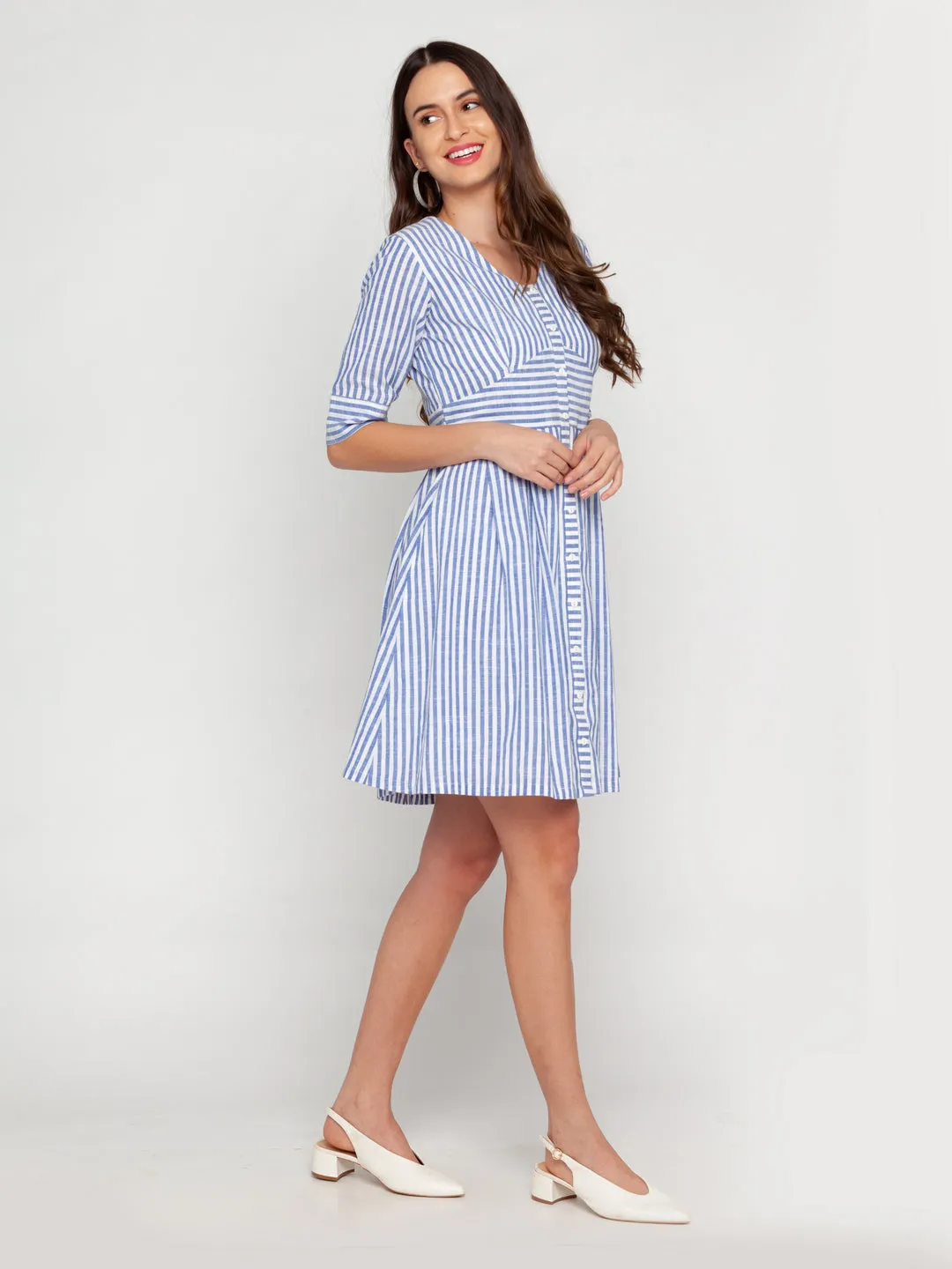 White Striped A-Line Short Dress