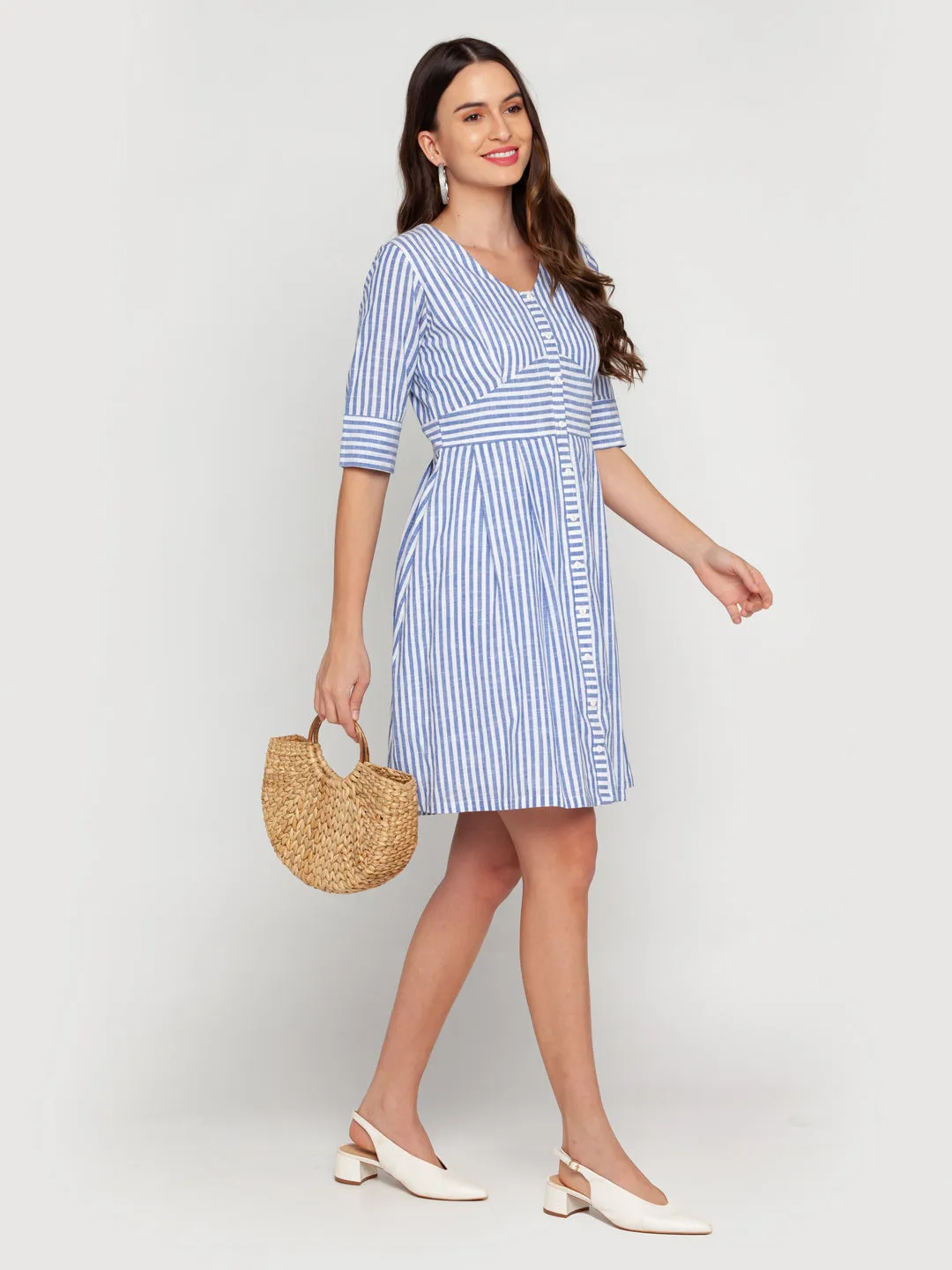 White Striped A-Line Short Dress