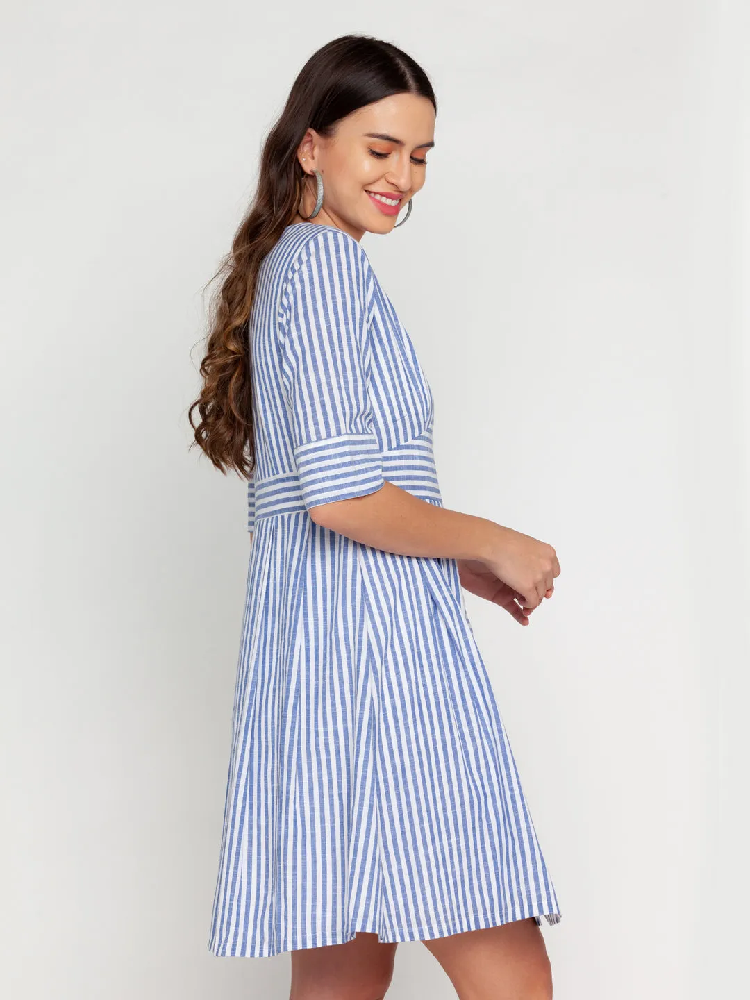 White Striped A-Line Short Dress