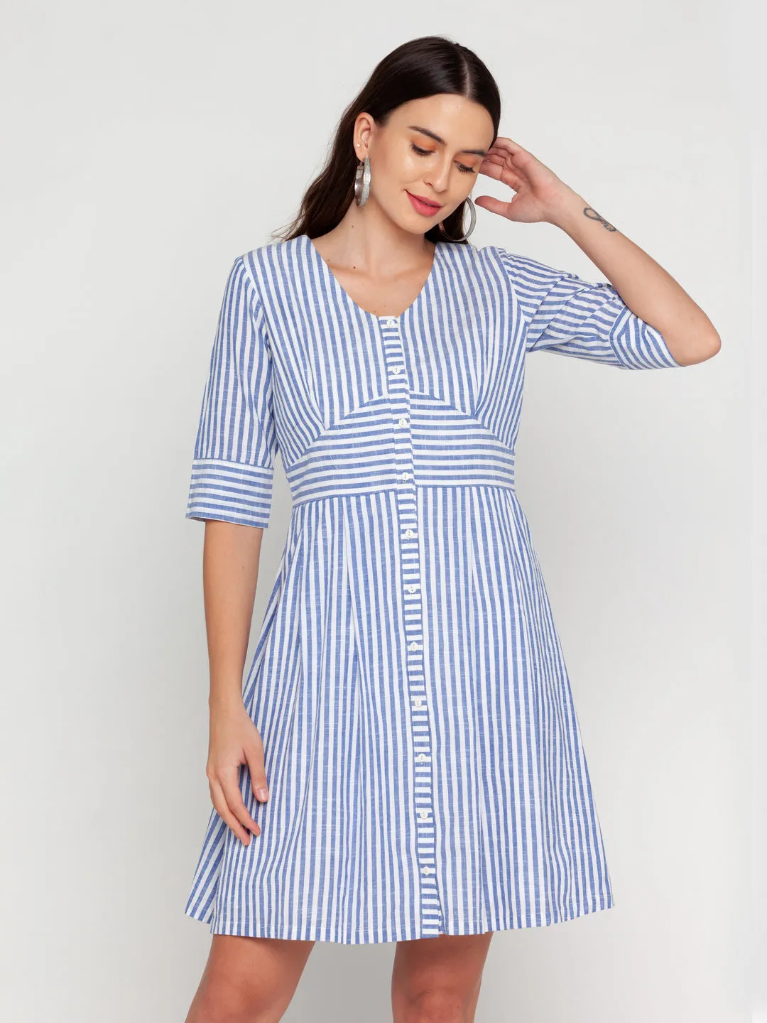 White Striped A-Line Short Dress