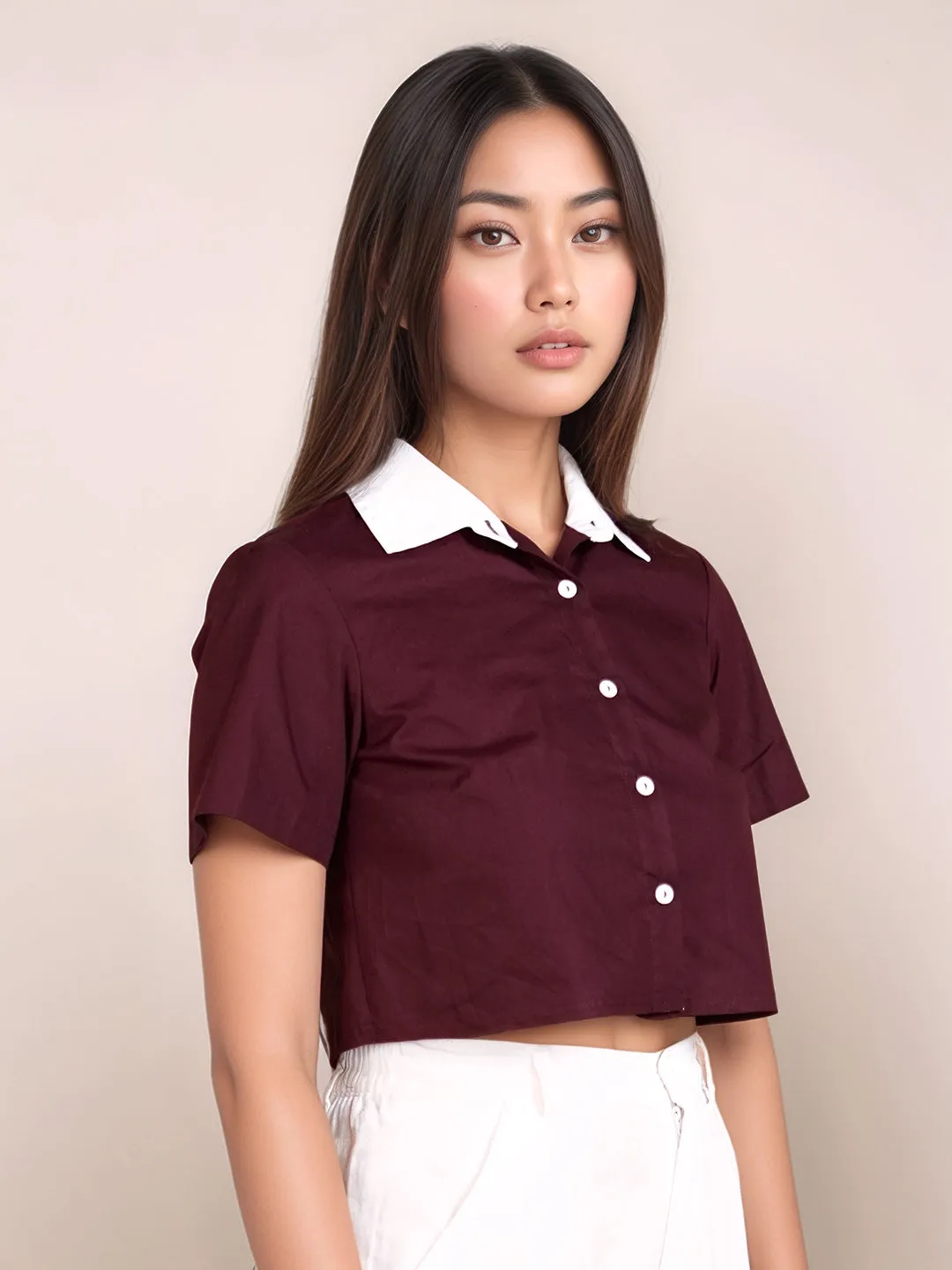 Wine Solid Short Sleeves Shirt