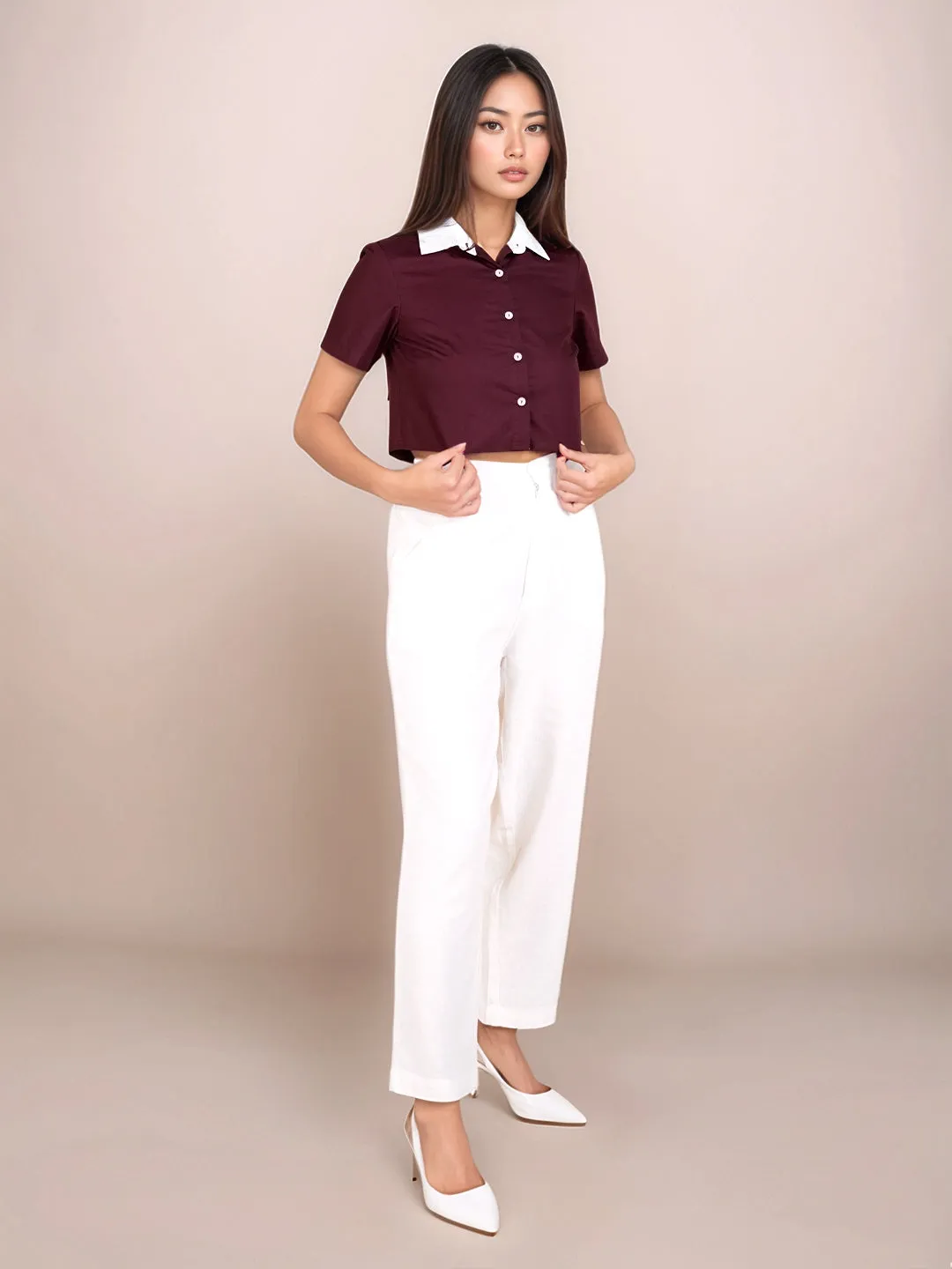 Wine Solid Short Sleeves Shirt