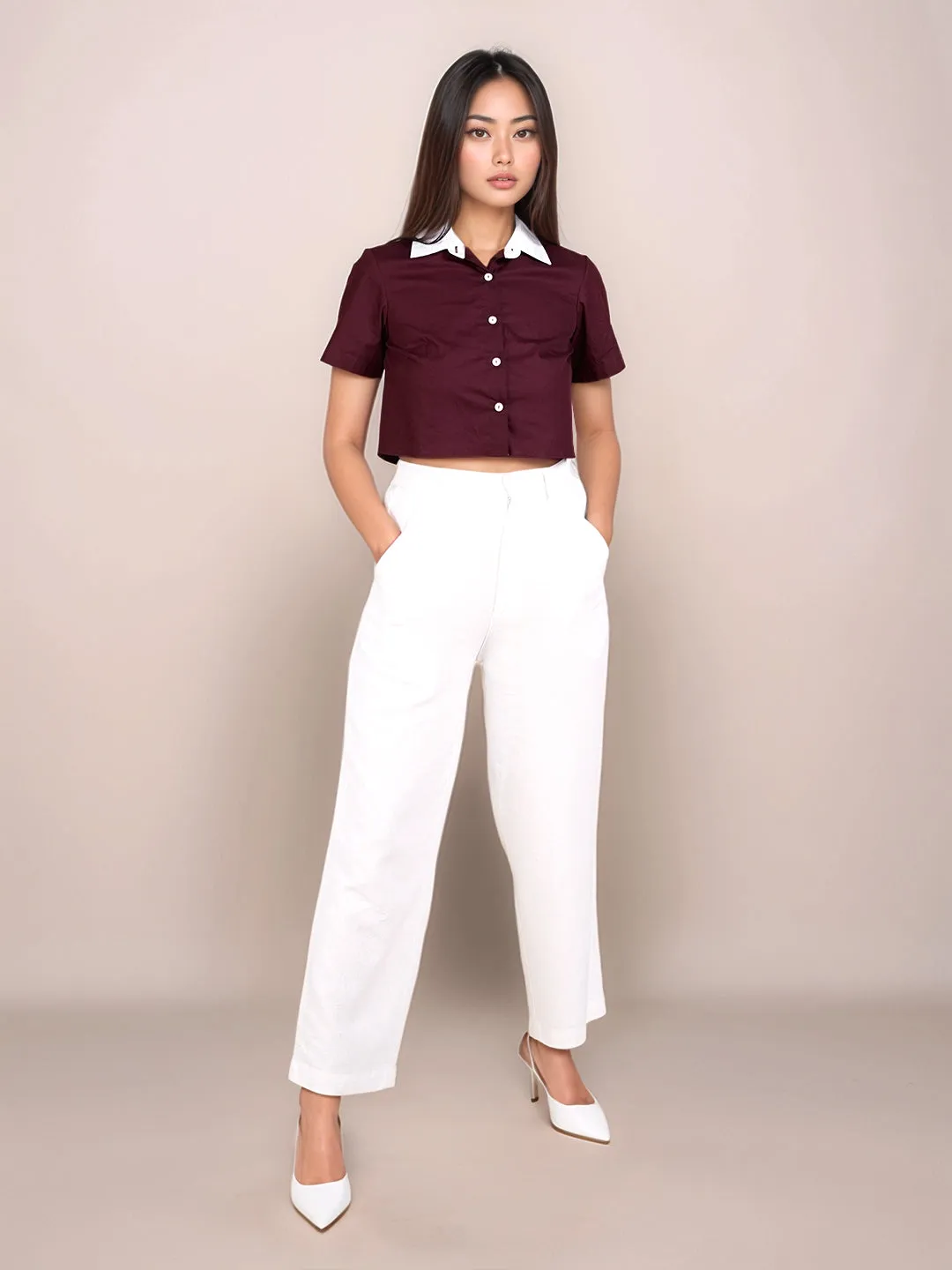 Wine Solid Short Sleeves Shirt