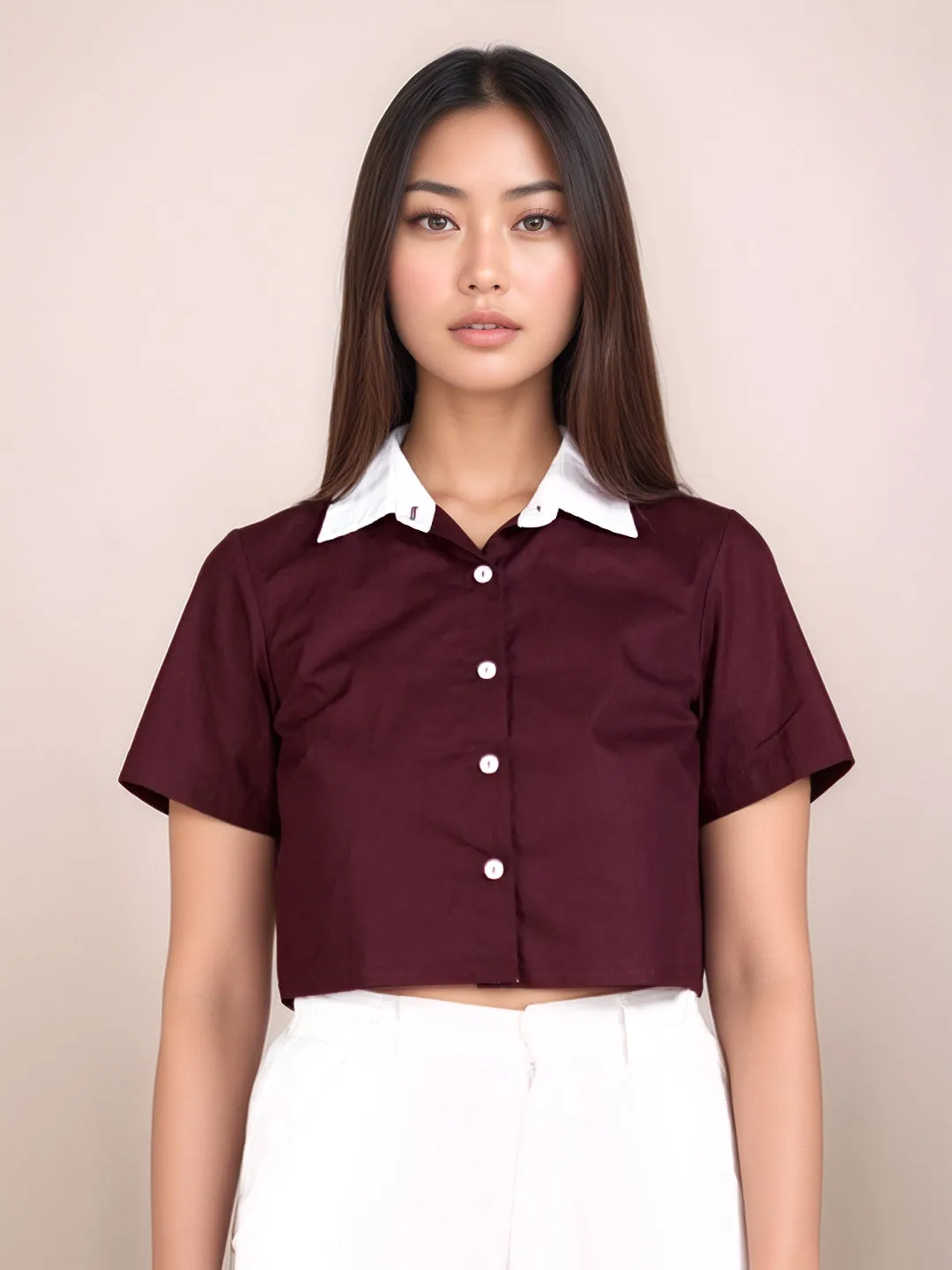Wine Solid Short Sleeves Shirt