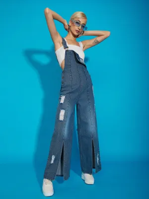 Women Blue Acid Wash Denim Distress Regular Jumpsuit