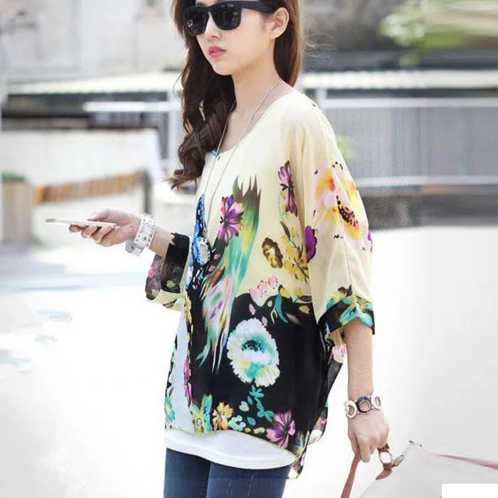 Women Casual Chiffon Blouses Bohemia Print Loose Batwing Sleeve Tops Shirt
