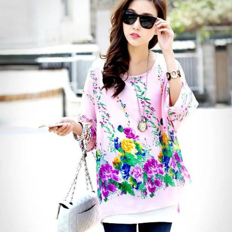 Women Casual Chiffon Blouses Bohemia Print Loose Batwing Sleeve Tops Shirt