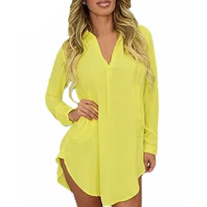 Women Casual Loose Long Chiffon Shirts Spring Long Sleeve Turn Down Collar Blouses Tops Plus Size Mini Dress Vestidos