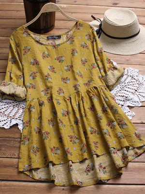 Women Cotton Floral Print Long Sleeve Blouse