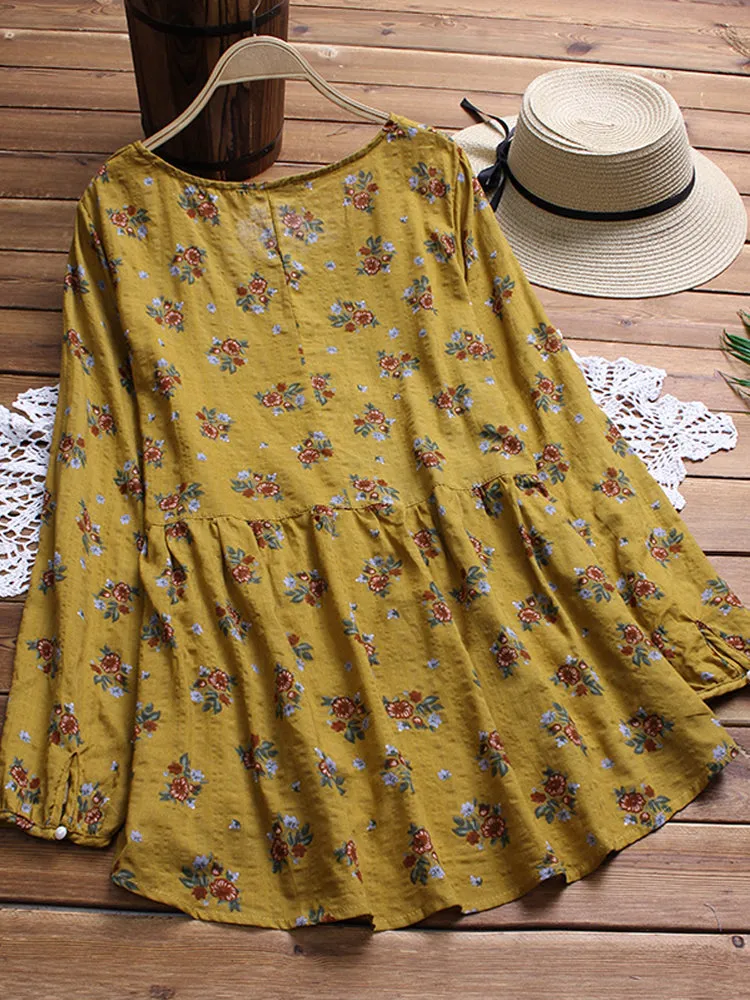 Women Cotton Floral Print Long Sleeve Blouse
