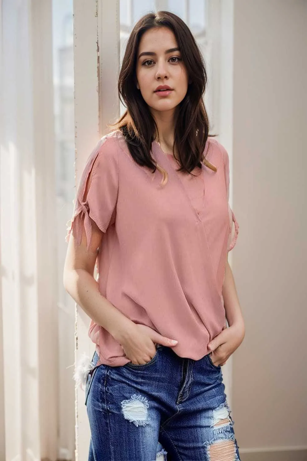 women s blouses loose solid belted long sleeve blouse
