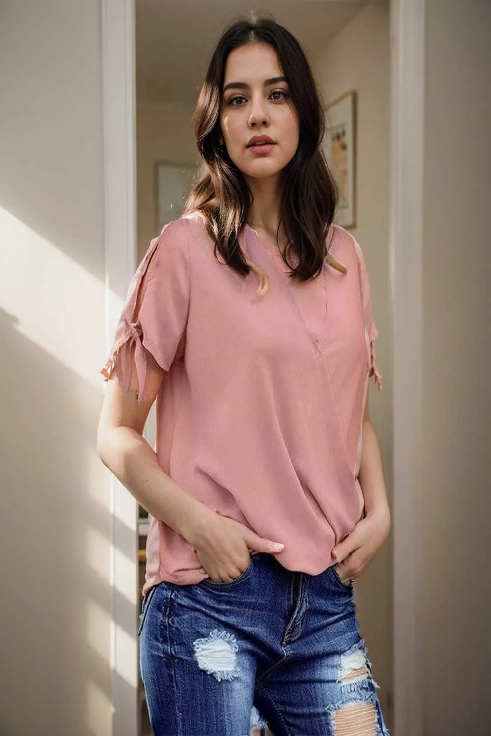 women s blouses loose solid belted long sleeve blouse