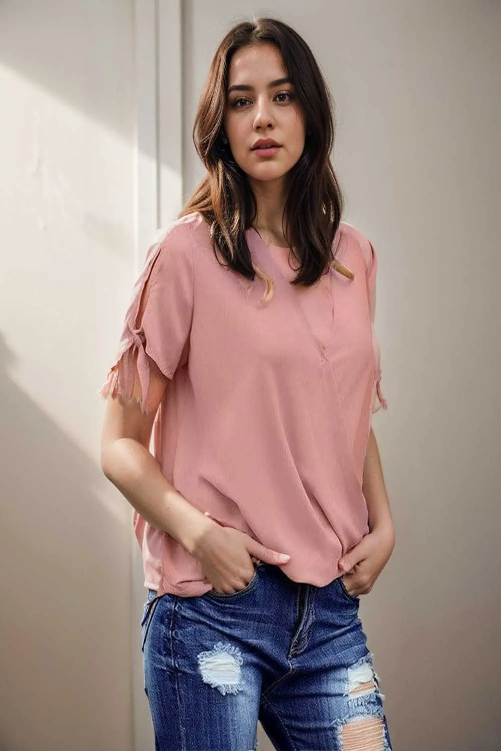 women s blouses loose solid belted long sleeve blouse