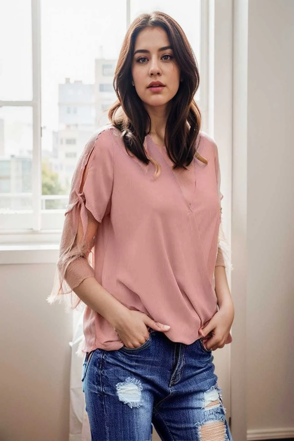 women s blouses loose solid belted long sleeve blouse