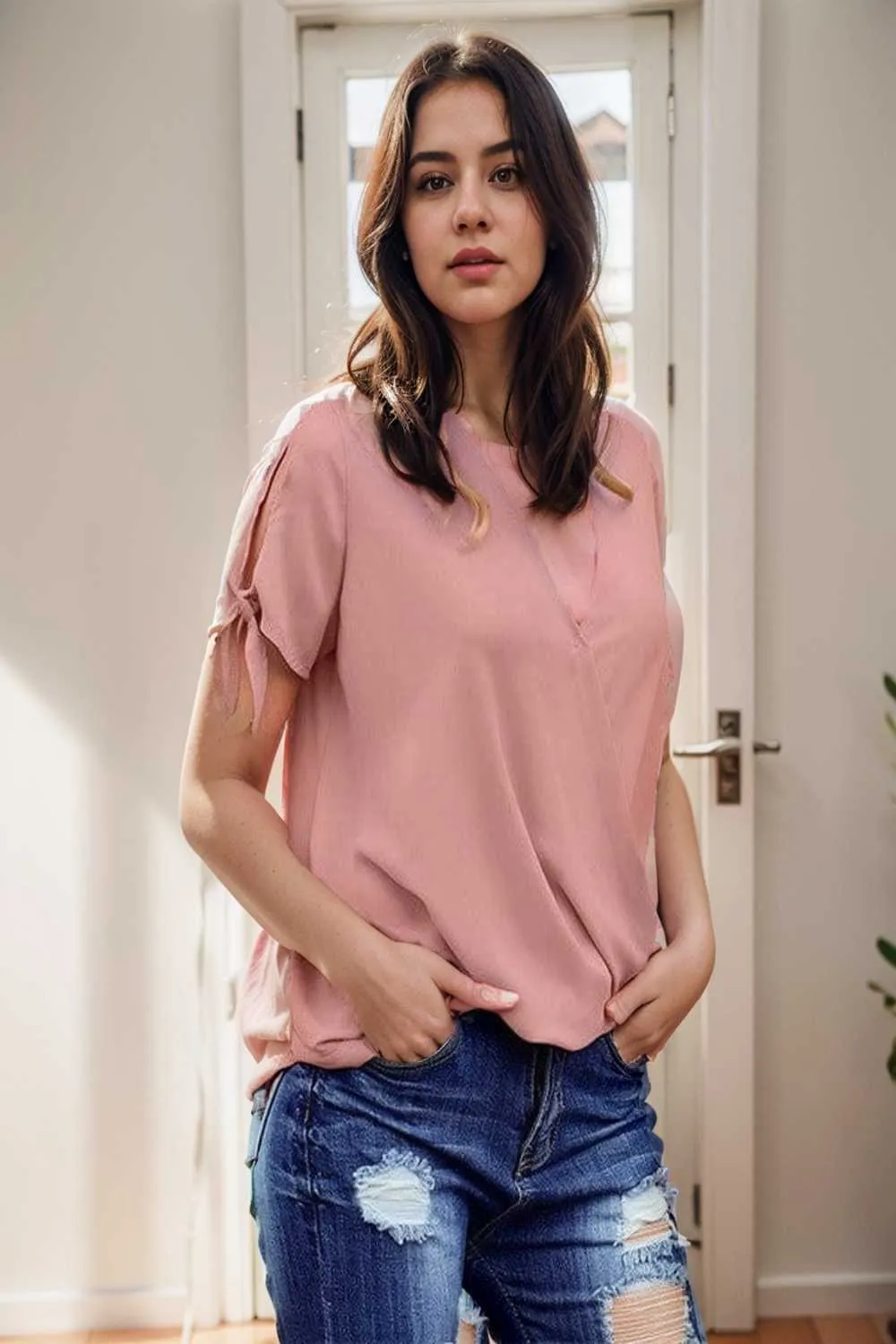 women s blouses loose solid belted long sleeve blouse