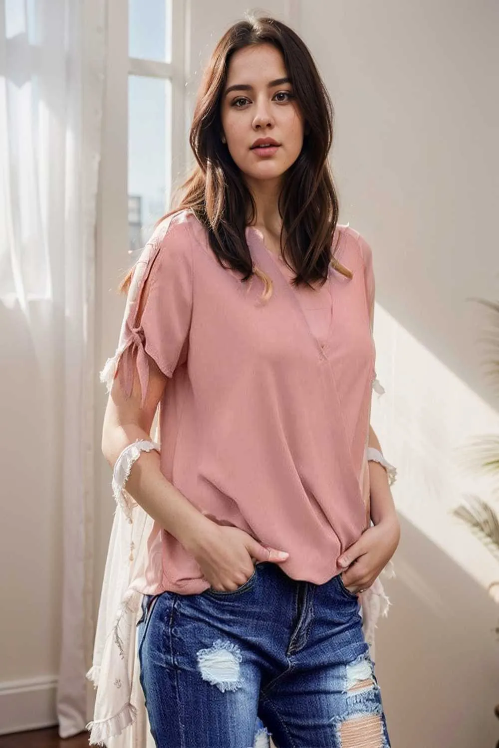 women s blouses loose solid belted long sleeve blouse