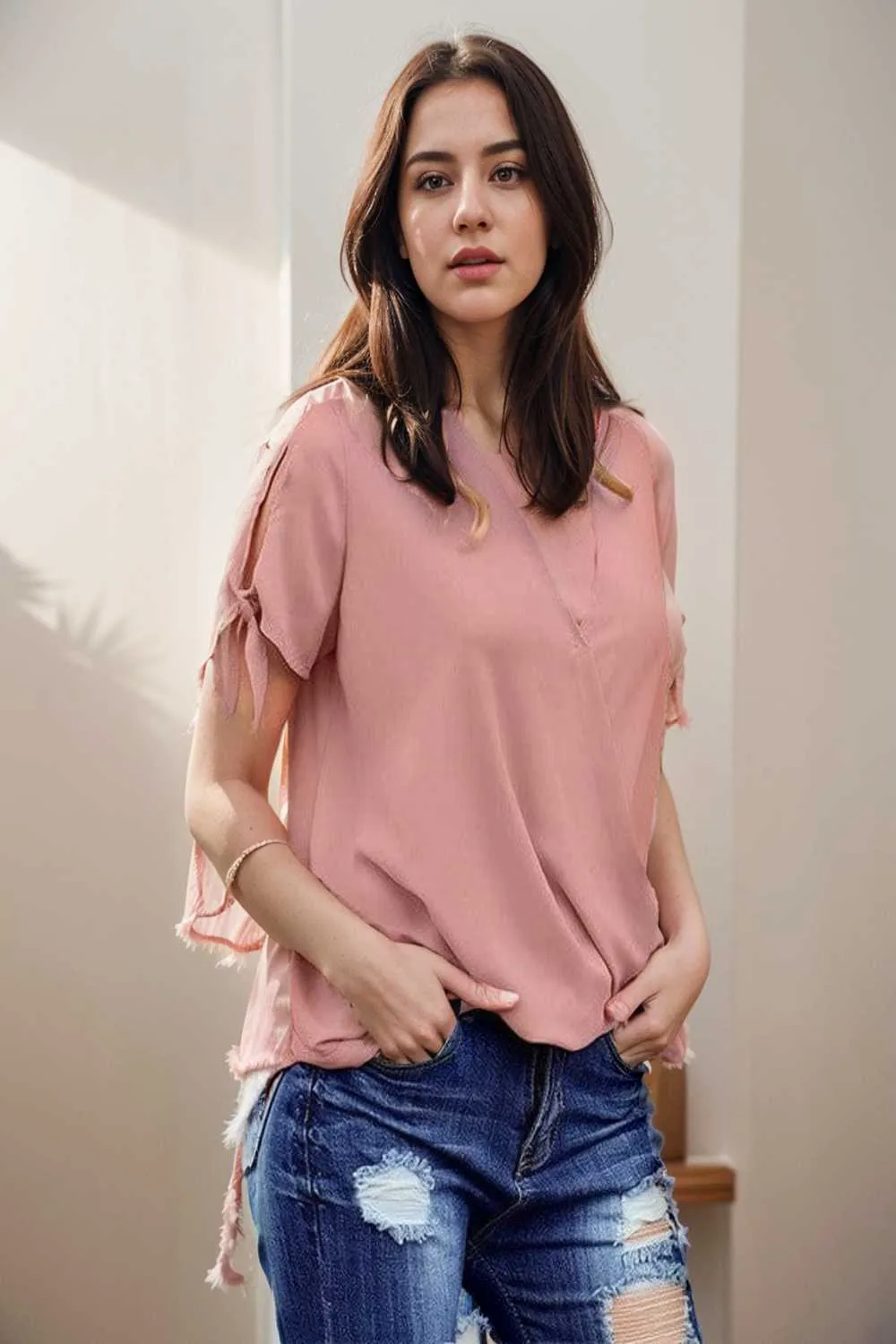 women s blouses loose solid belted long sleeve blouse