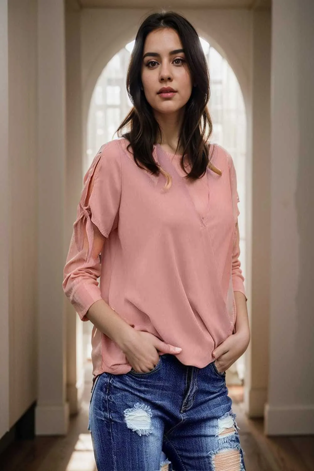 women s blouses loose solid belted long sleeve blouse