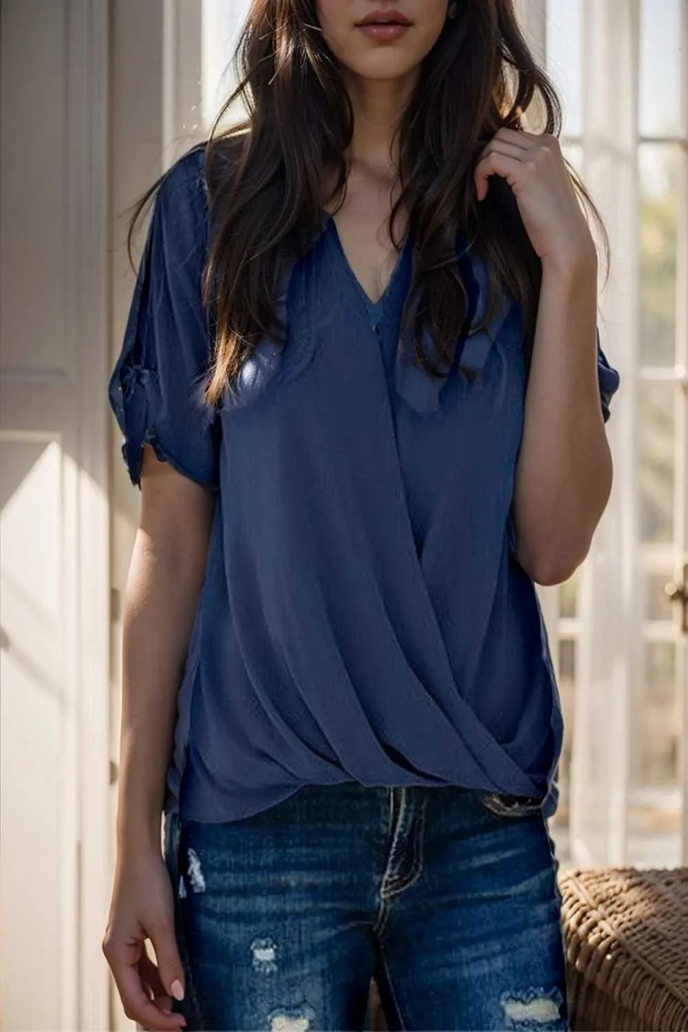 women s blouses loose solid belted long sleeve blouse