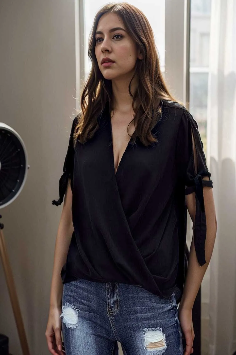 women s blouses loose solid belted long sleeve blouse