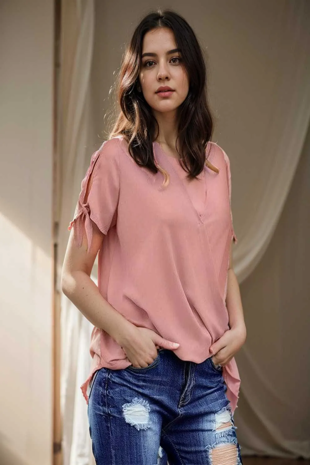 women s blouses loose solid belted long sleeve blouse