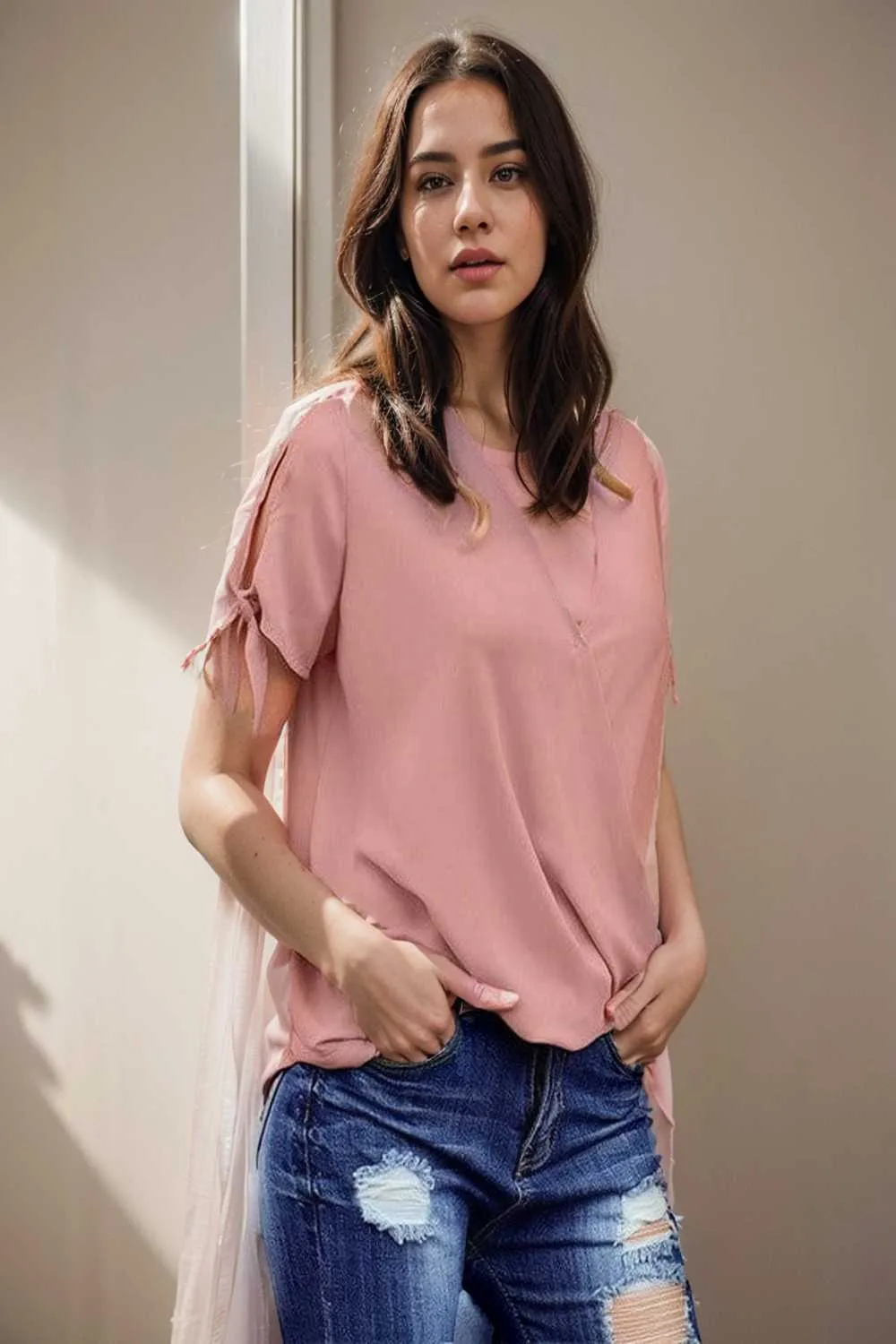 women s blouses loose solid belted long sleeve blouse