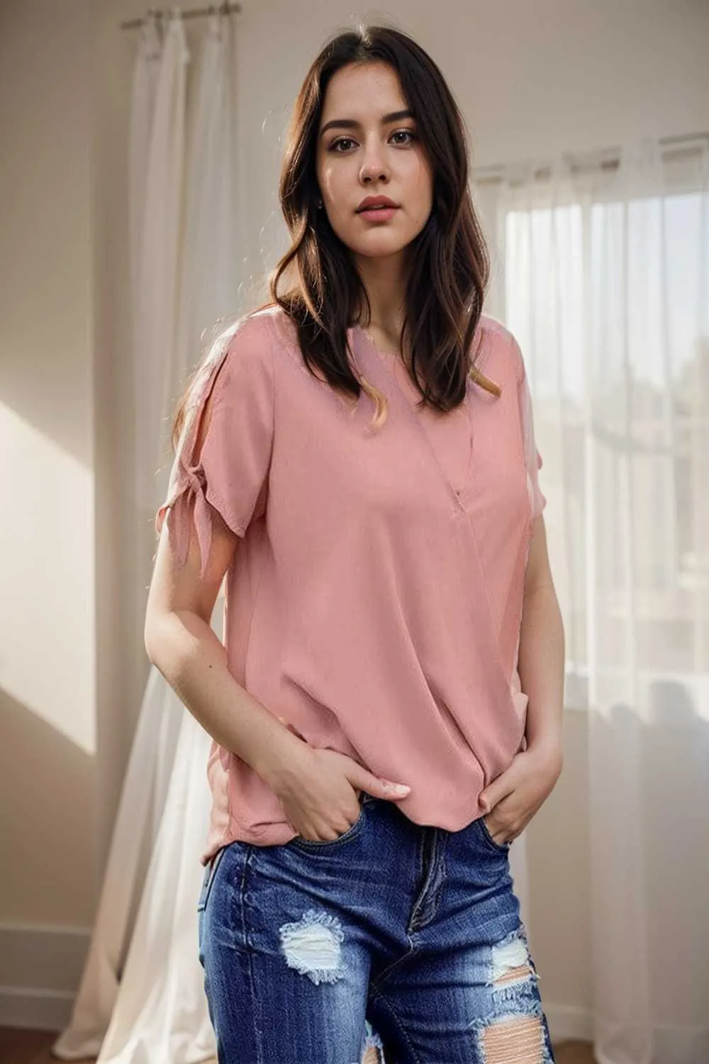 women s blouses loose solid belted long sleeve blouse