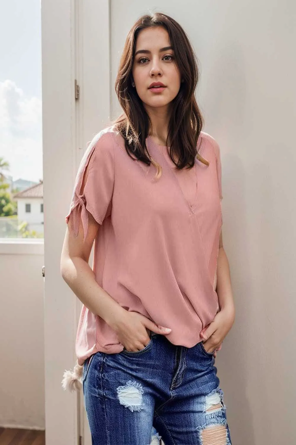 women s blouses loose solid belted long sleeve blouse