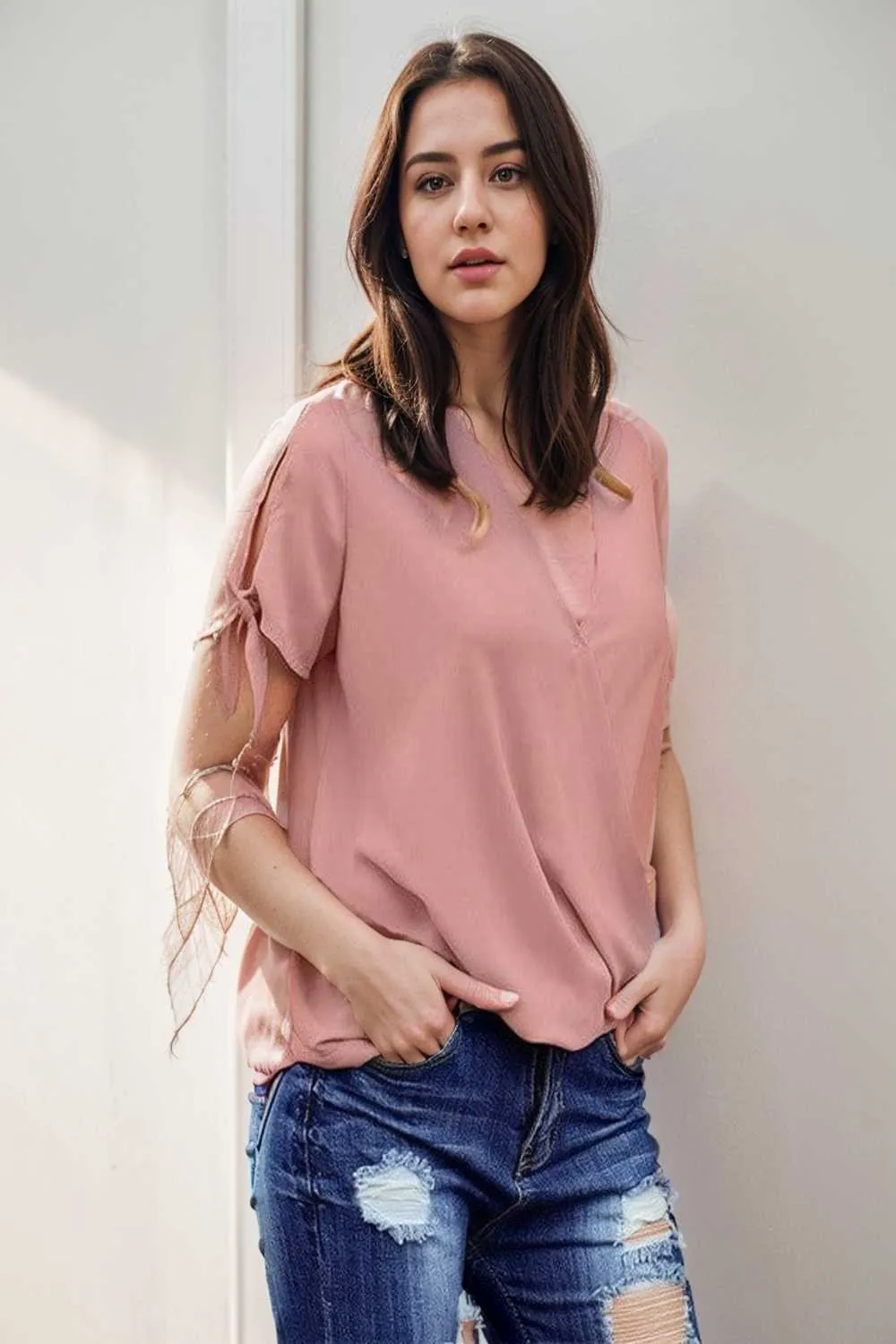 women s blouses loose solid belted long sleeve blouse