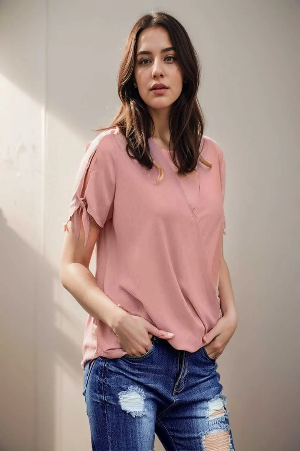 women s blouses loose solid belted long sleeve blouse