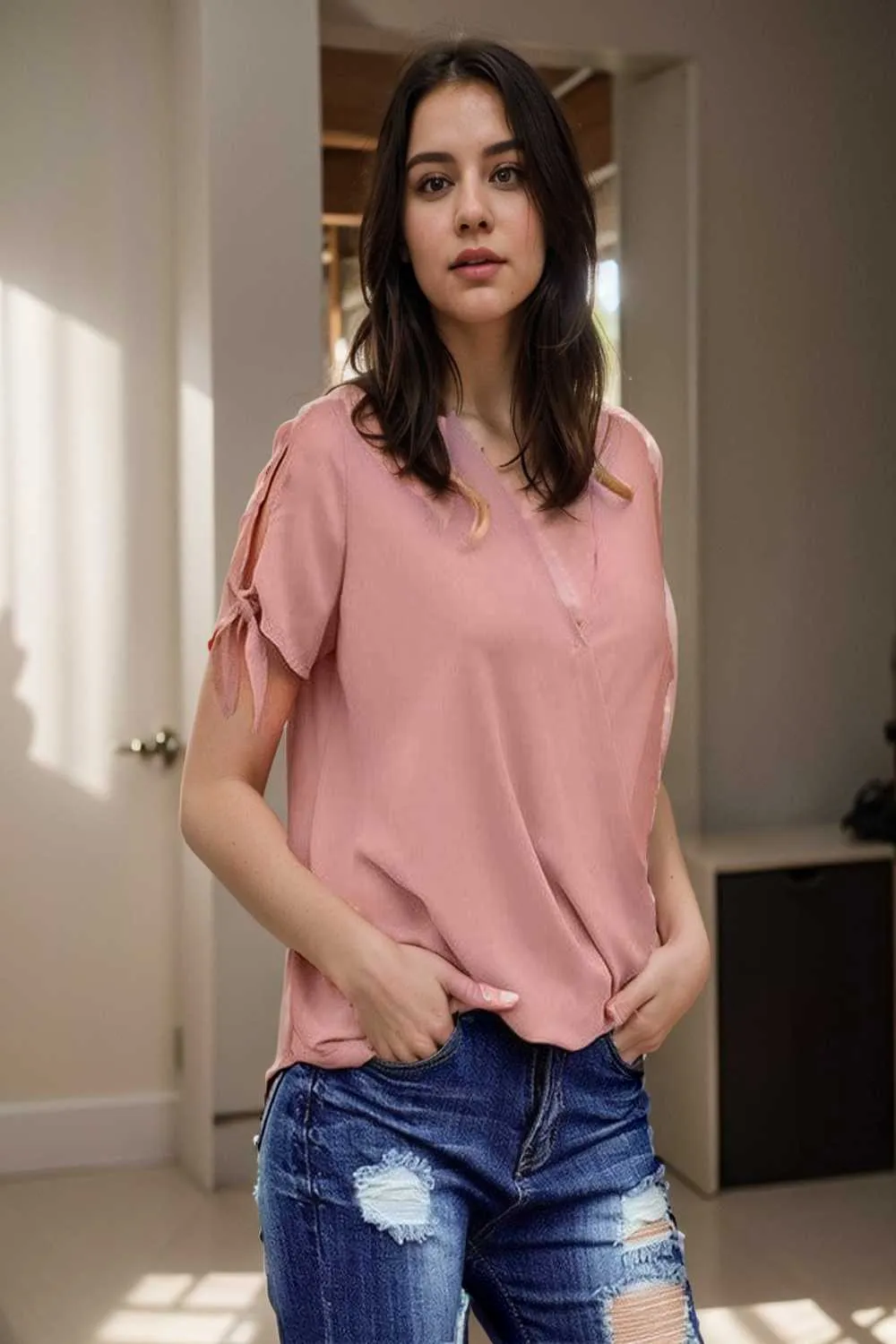 women s blouses loose solid belted long sleeve blouse