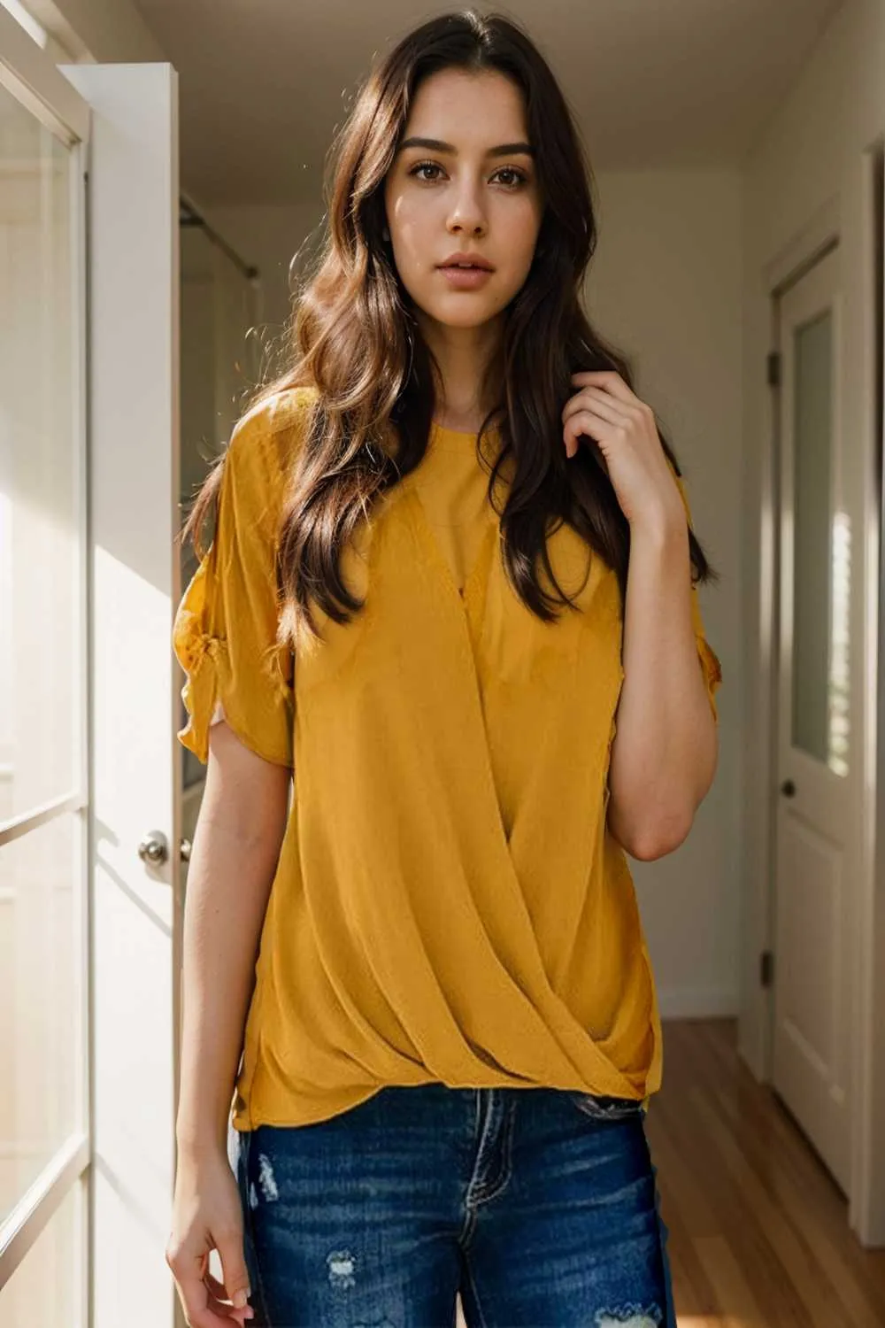 women s blouses loose solid belted long sleeve blouse
