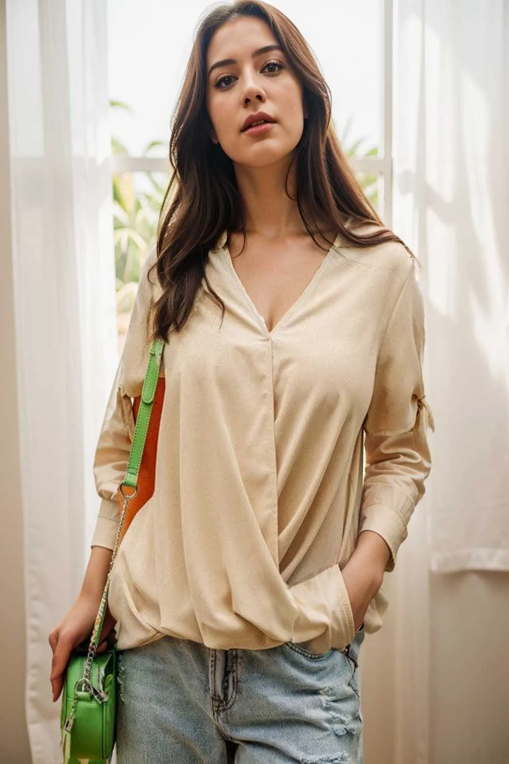 women s blouses loose solid belted long sleeve blouse